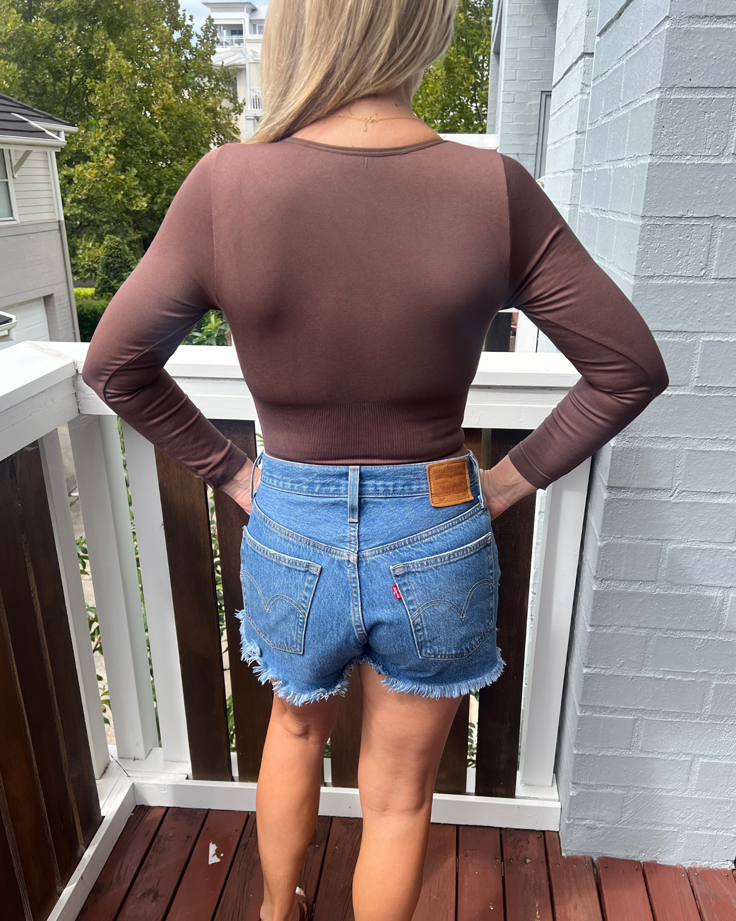 Core Trainer Long Sleeve Square Neck Sculpting Bodysuit - Brown